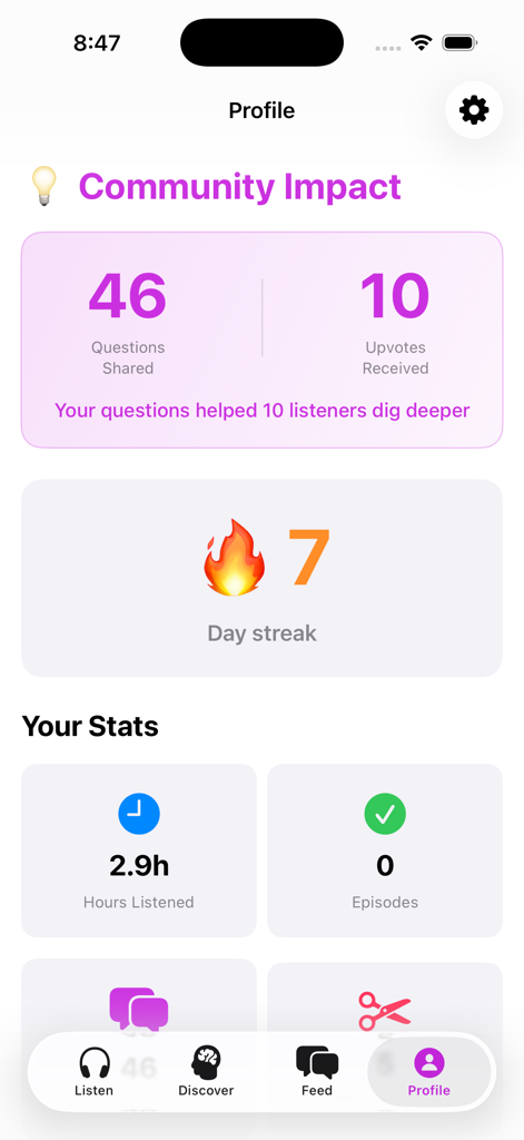 Deepr: Voice Podcasts - Deepr app user profile displaying community impact metrics listening hours and daily streak