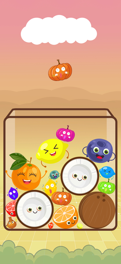 Watermelon Game: Fruits Merge - Captura de pantalla del juego Watermelon Game Fruits Merge mostrando lindas frutas de dibujos animados con caras dentro de un contenedor