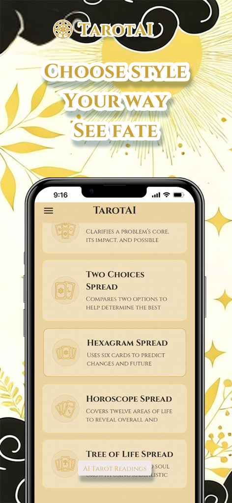 TarotAI - Daily Card Readings - Pantalla móvil de TarotAI que muestra una lista de tiradas de tarot que incluyen estilos de Hexagrama y Horóscopo.