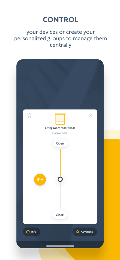 Interface do aplicativo móvel TaHoma by Somfy mostrando controle remoto para uma persiana de rolo da sala de estar com um controle deslizante ajustável
