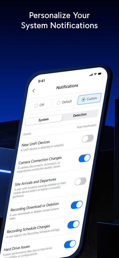 Aplicación móvil UniFi Protect mostrando la configuración personalizable de notificaciones del sistema.
