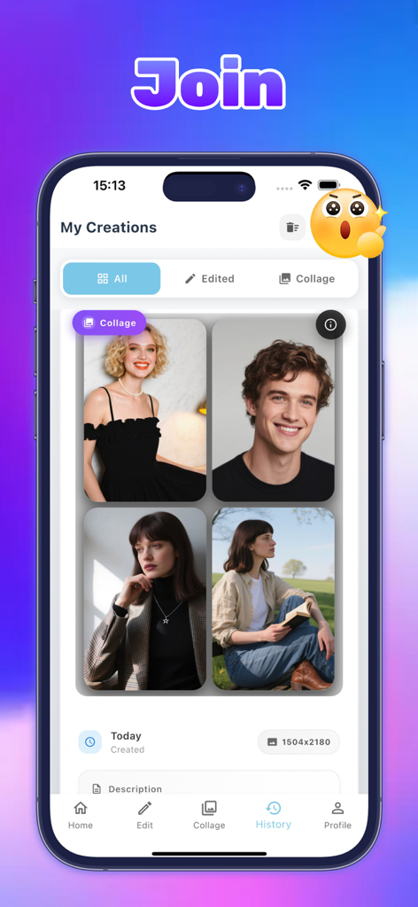 Watao - Watao app History screen showing a saved aesthetic photo collage of four portraits