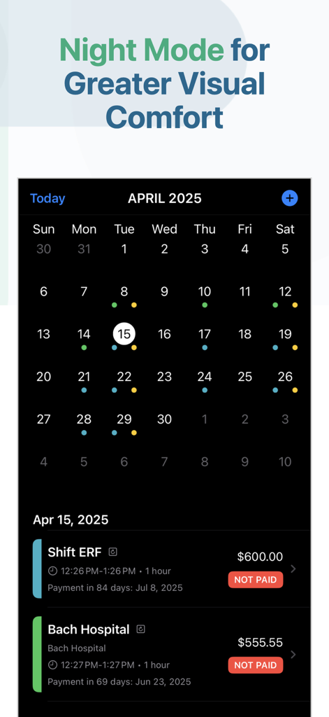 Interfaz de la aplicación Little Shift en modo oscuro que muestra un calendario con turnos codificados por colores y seguimiento de ganancias para profesionales médicos
