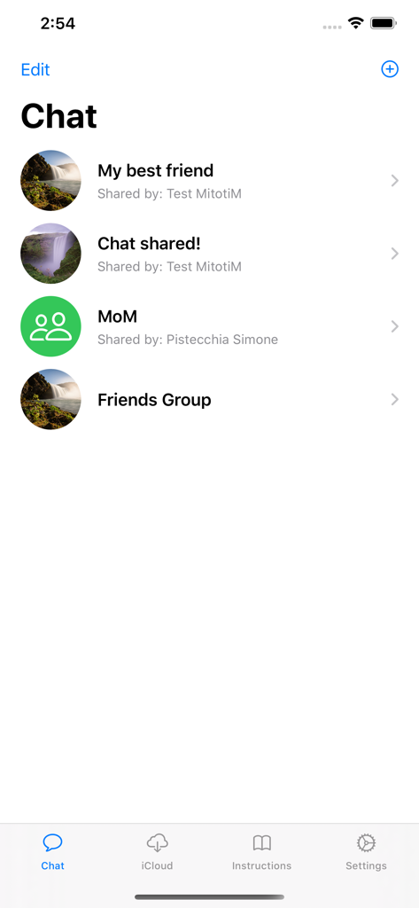 Main chat screen of ChatShareApp showing a list of shared conversations including groups and individual contacts