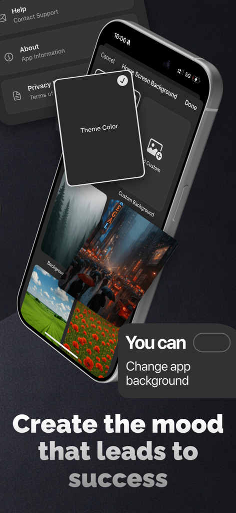 Quotty: Motivational quotes - Pantalla de smartphone mostrando opciones para cambiar el fondo de la aplicación con varias imágenes estéticas en Quotty