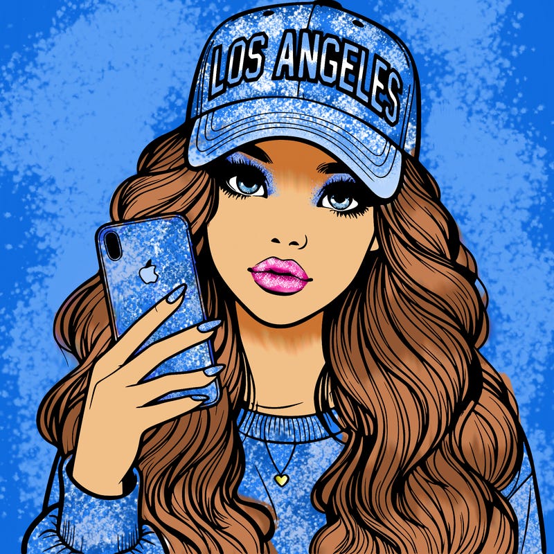 realistic beautiful girl wearing los ángeles cap holding an iphone