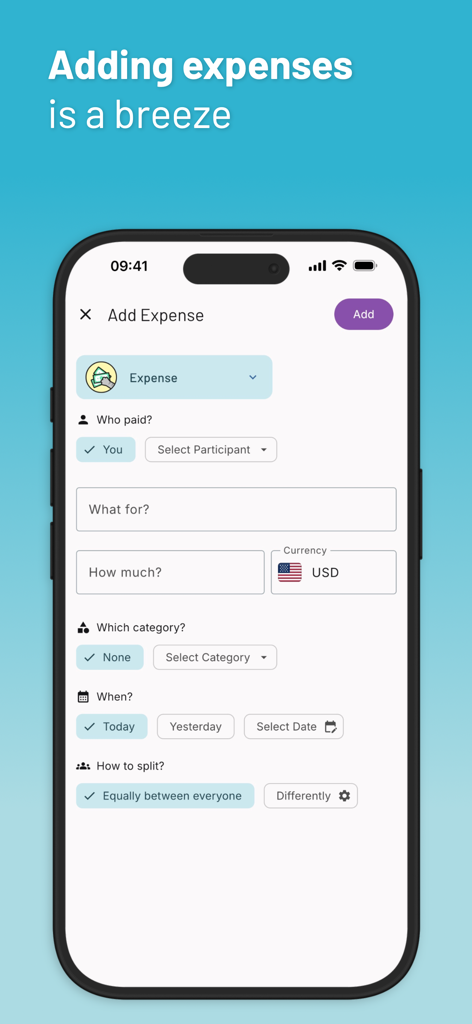Mobile screen showing the add expense interface of the Kittysplit app for splitting group costs