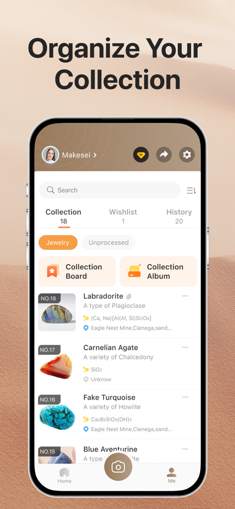 ロック識別アプリのインターフェースに、ラブラドライトやカーネリアンアゲートなどの識別された石のデジタルコレクションが表示されています。