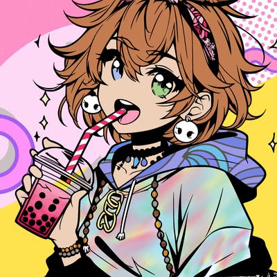 hot baddie anime girl drinking boba and biting the straw