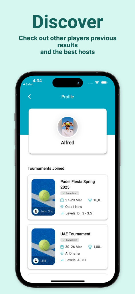 Padel Playground - Um perfil de jogador no aplicativo Padel Playground mostrando torneios participados e resultados