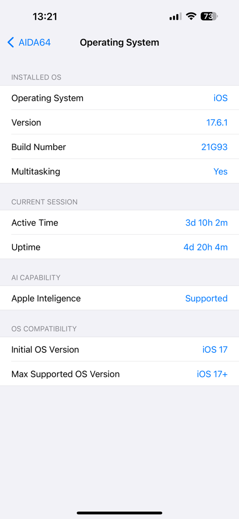 AIDA64 - Screenshot of AIDA64 app showing detailed iOS operating system information including version number and Apple Intelligence support