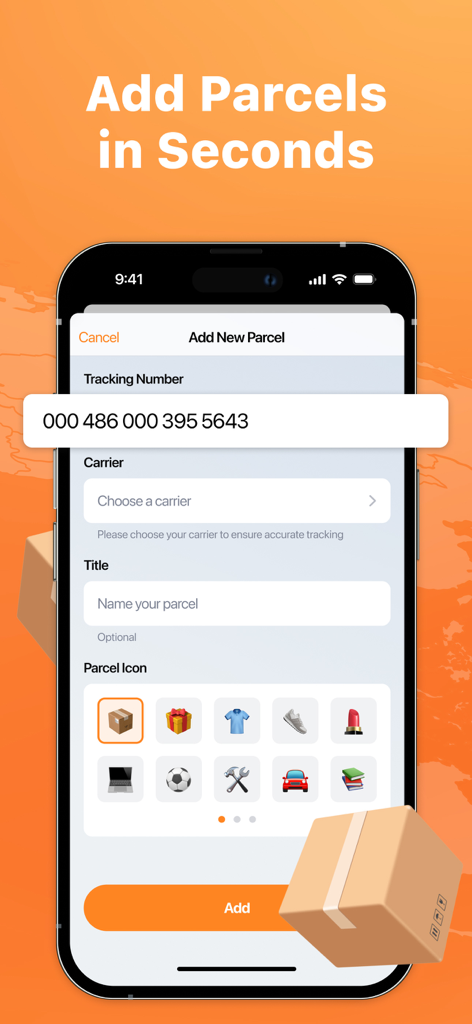 Tracko: Package Tracking App - Mobile screen showing how to add a new parcel in the Tracko app with tracking number and custom icon selection