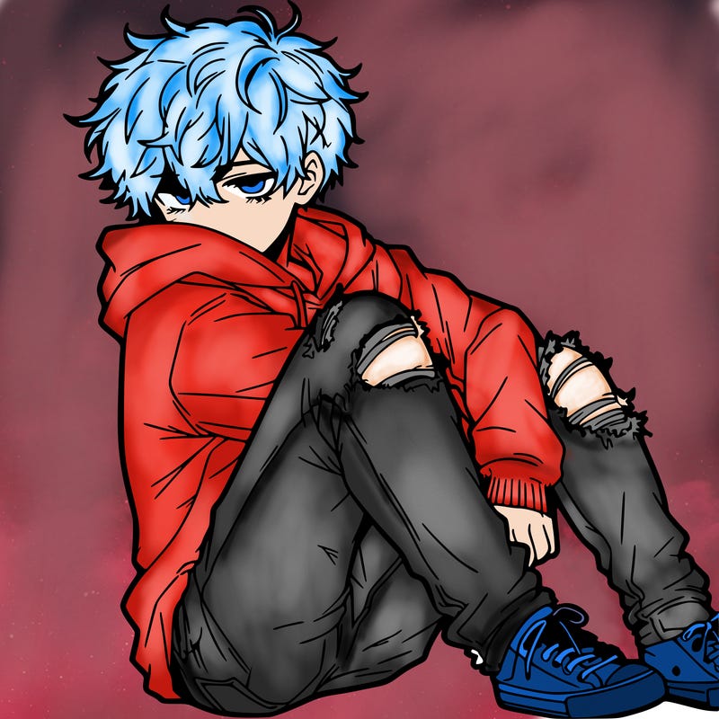 a male hoddie ripped jeans messy hair anime