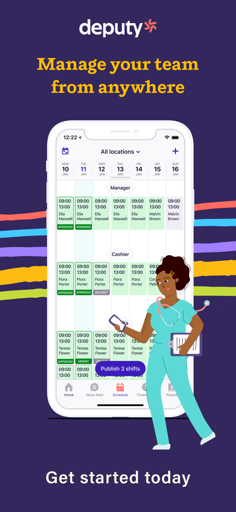 Deputy: Shift Schedule Maker - Captura de pantalla de la aplicación móvil Deputy que muestra un horario de trabajo semanal para gerentes y cajeros con el titular Gestiona tu equipo desde cualquier lugar