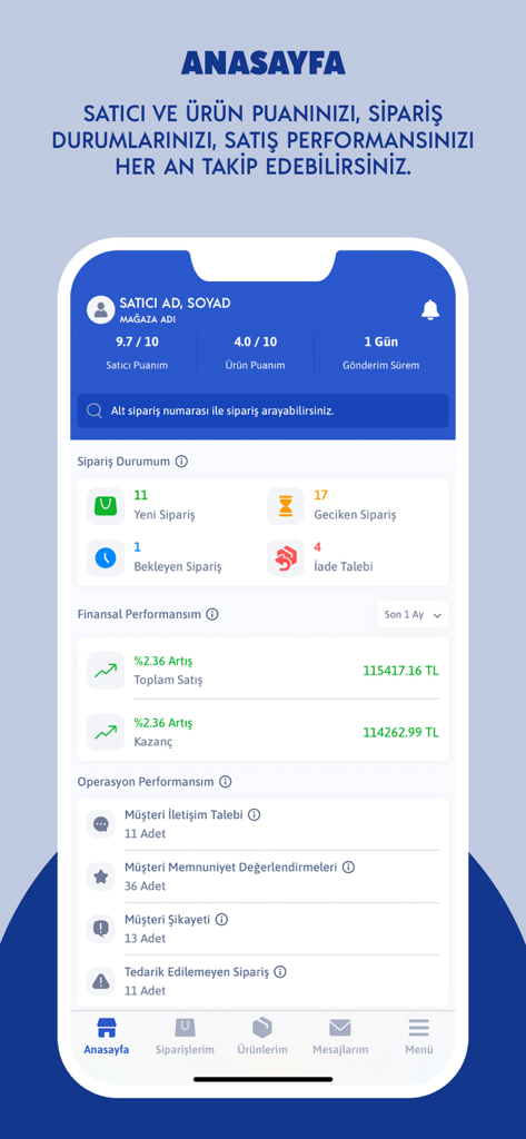 Çiçeksepeti Satıcı Paneli - Ciceksepeti Satıcı Paneli mobile app home screen with seller metrics and order performance