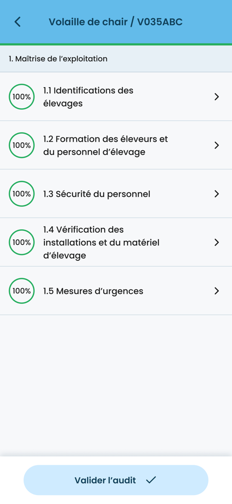 Una schermata di un'app mobile che mostra una checklist di audit avicolo completata con segni di completamento al 100 percento