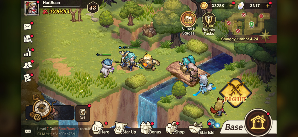 Realms of Pixel - Personagens em pixel art atravessando uma ponte de madeira no mapa de exploração RPG de Realms of Pixel