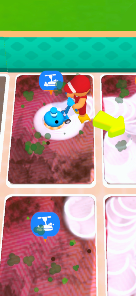 Carpet Cleaning ASMR - Carpet Cleaning ASMRゲームで、泡を使って汚れたカーペットをこすっているキャラクター。