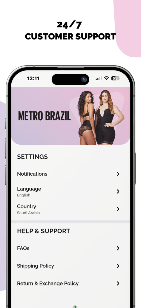 Tela do aplicativo Metro Brazil mostrando configurações e opções de suporte, incluindo FAQs e política de envio.