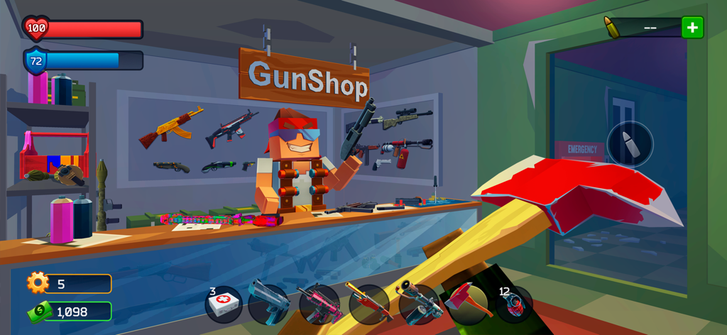 Pixel Combat: Zombie Games 3-D - A pixelated character behind a gun shop counter with various weapons in Pixel Combat Zombie Games 3D