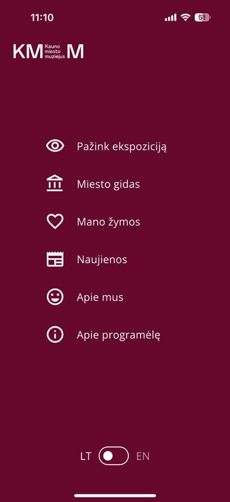 KMM - The main menu screen of the KMM Kaunas City Museum mobile app showing options for exhibition guides and city news