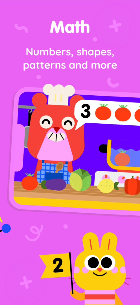 Educational math activities for kids featuring a bear chef counting tomatoes and a bunny holding a number flag