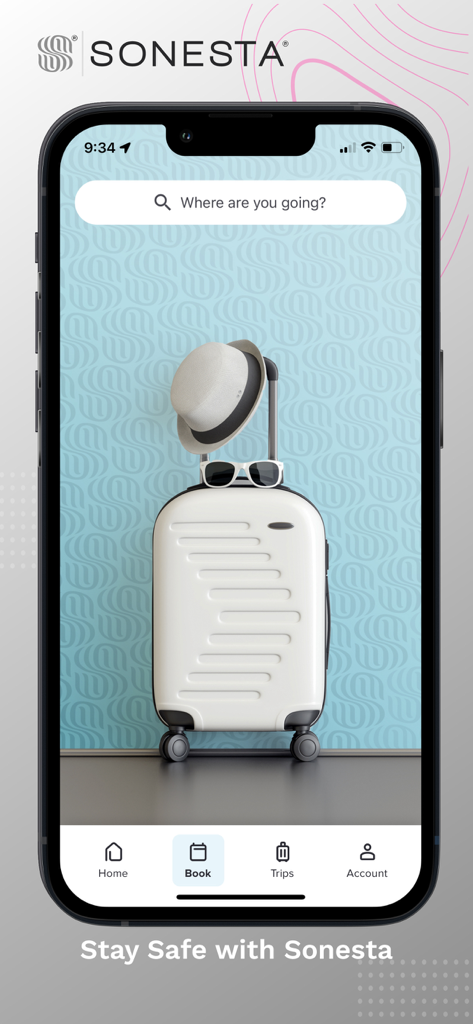 Sonesta - Oberfläche der Sonesta-Hotelbuchungs-App mit Suchleiste und Reisegepäck