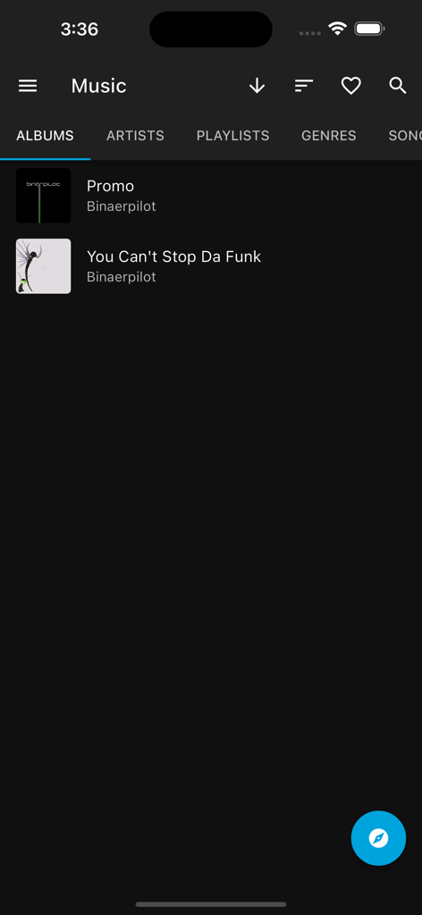 Reproductor de música Finamp mostrando la página de la biblioteca de álbumes