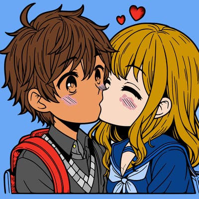 a boy and a girl kissing anime