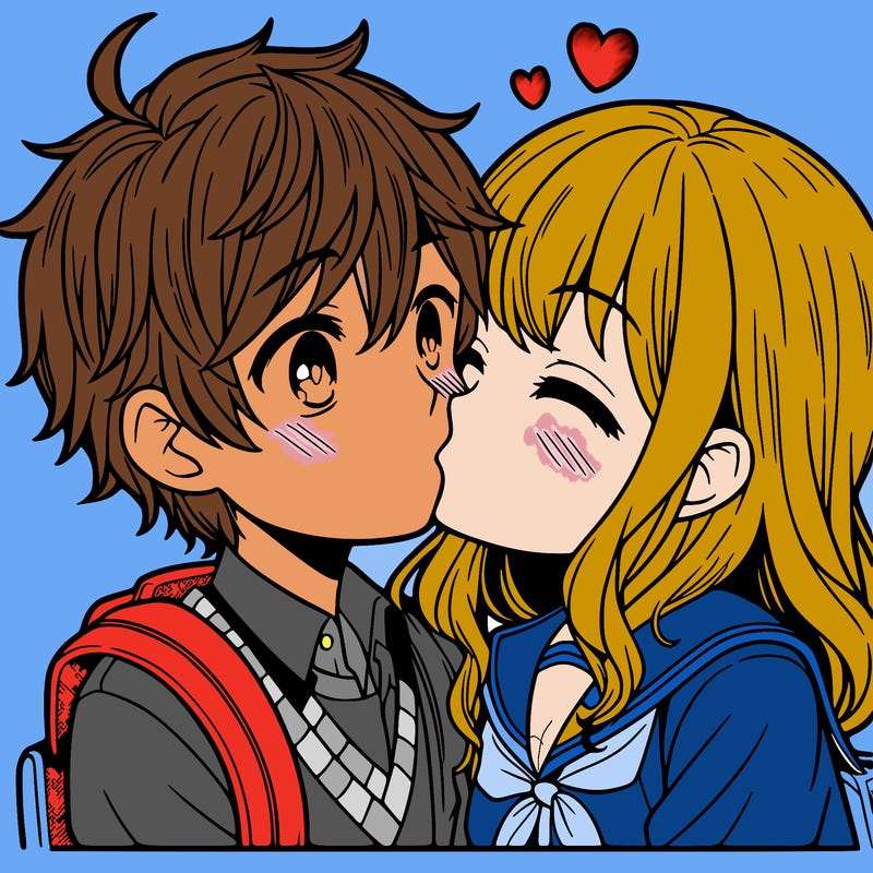 a boy and a girl kissing anime