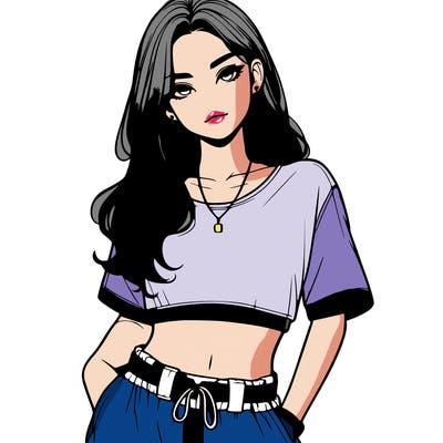 realistic girl witha crop top and baggy pants