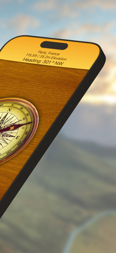 iPhone screen showing a rustic antique style compass app with location and elevation info