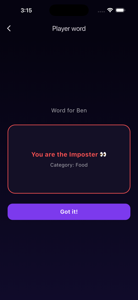 Uno schermo di smartphone dal gioco di società The Imposter che rivela a un giocatore che è l'impostore nella categoria cibo.