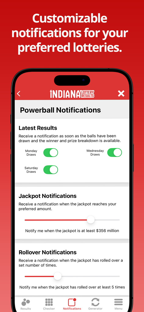 Indiana Lottery Numbers - Screenshot of the Indiana Lottery app showing customizable notification settings for draw results and jackpot alerts
