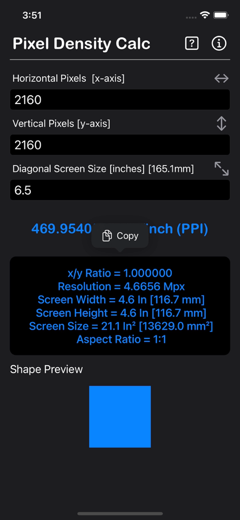Pixel Density Calculator - ピクセル密度計算機インターフェイス。6.5インチ画面のPPI計算を表示しています。