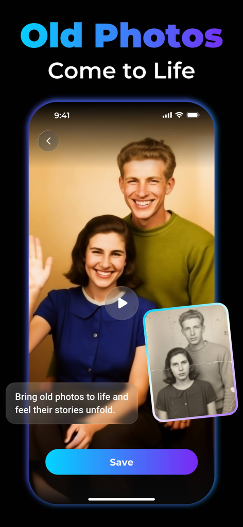 AI Video Generator, AI Filmix - Filmix app interface showing a black and white photo converted into a colorized AI video