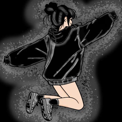 realistic girl jumping with a bun and oversized sweatshirt