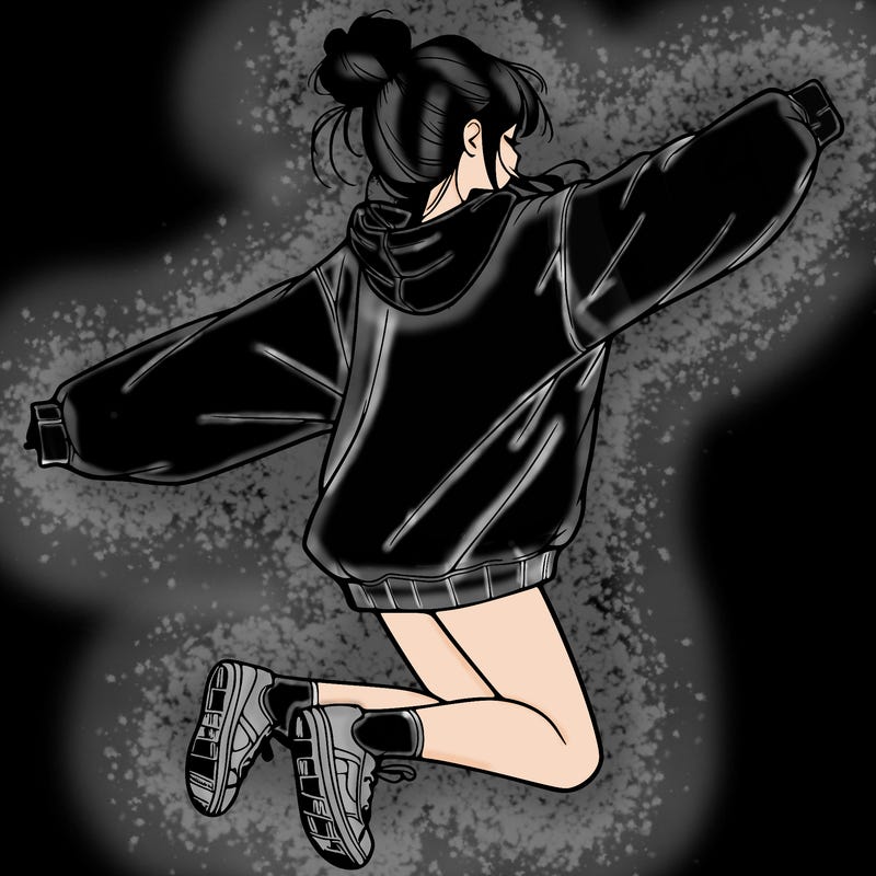 realistic girl jumping with a bun and oversized sweatshirt