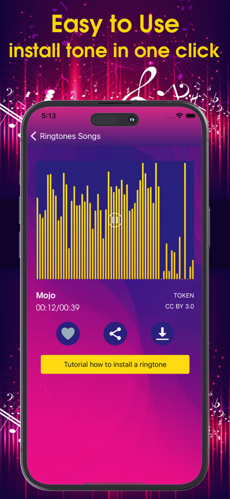 Ringtones for iPhone app screen showing music waveform and one click installation feature
