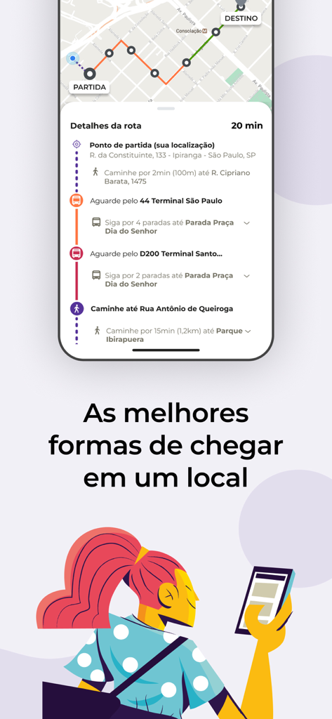 Cittamobi app interface showing a detailed public transit route with map and walking instructions in Sao Paulo