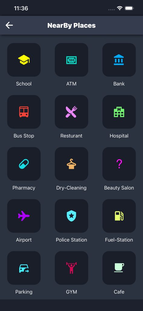 Find Phone Number Location - Interfaz que muestra iconos de lugares cercanos como escuela banco y restaurante