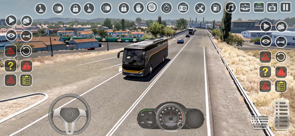 Bus Simulator: Parking Games - A black coach bus driving on an open highway in a mobile simulator game with steering wheel and dashboard controls