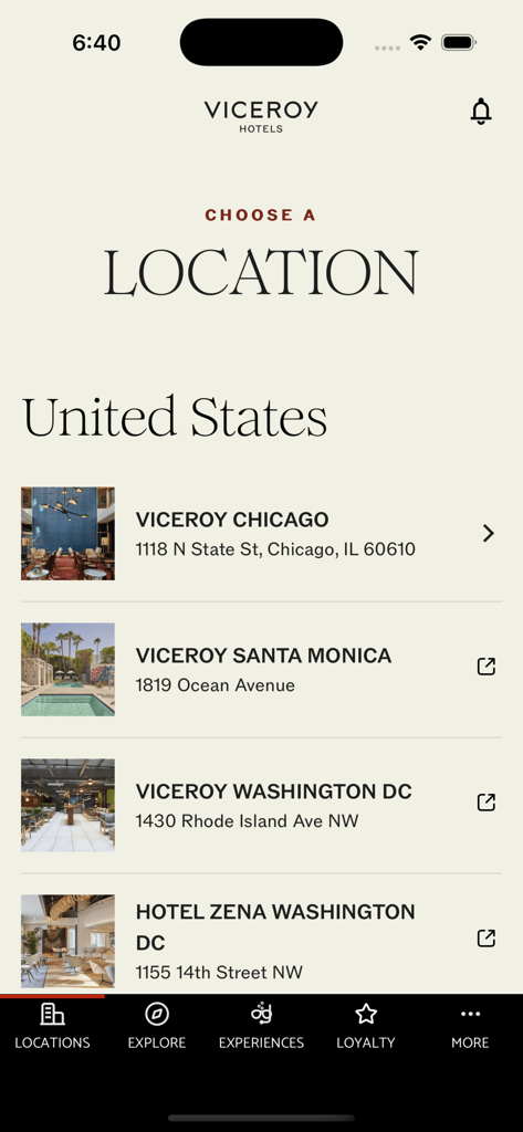 Viceroy Hotels - 미국 시카고, 산타모니카 등 호텔 위치 목록을 보여주는 Viceroy Hotels 모바일 앱 인터페이스