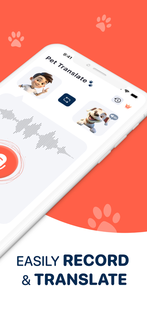 Dog Translator - Dog Talk - Smartphone-Bildschirm, der die Aufnahme- und Übersetzungsfunktion der Dog Translator App anzeigt.