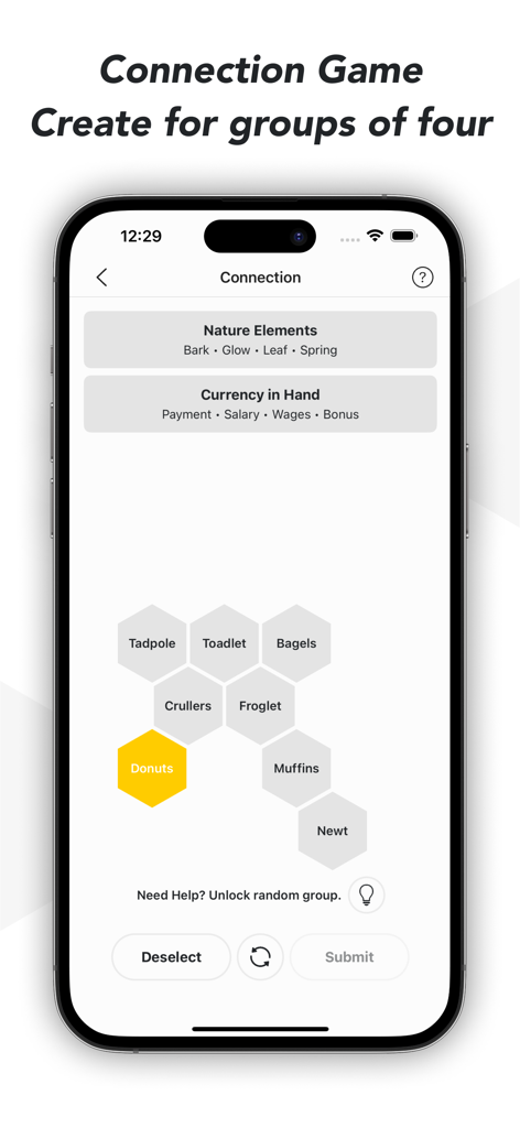 Spelling Word Puzzle - Pangram - Tela de celular mostrando o modo de jogo de conexão onde os jogadores agrupam palavras em categorias