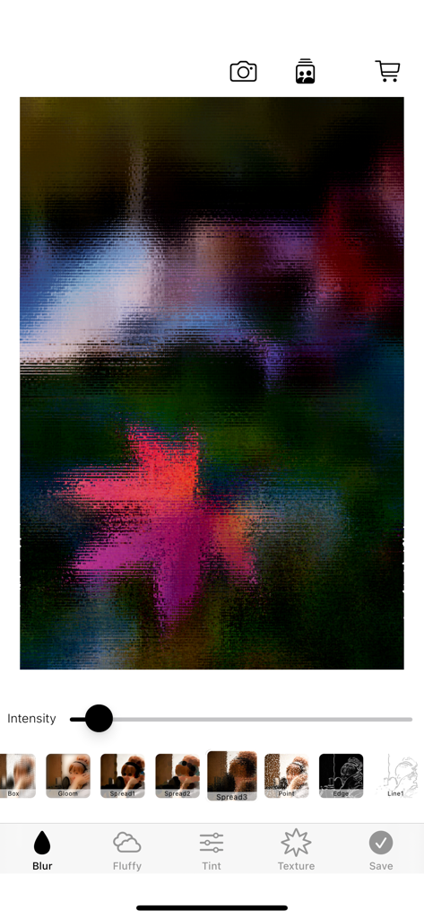 Mobile photo editor interface showing a mosaic filter effect on a colorful image