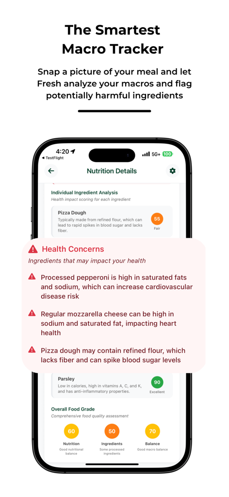 Fresh: Your Personal Chef - Interfaz de la aplicación Fresh que muestra detalles de nutrición de IA y advertencias de salud