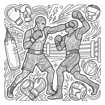 Dive into the intense world of boxing with this detailed adult coloring page featuring two powerful boxers shadowboxing. Adorned with intricate patterns, this challenging design offers a rewarding creative escape.