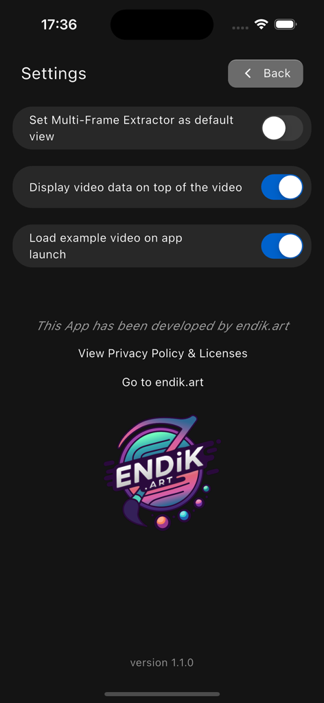 Video Frame Extractor - Schermata delle impostazioni dell'app Video Frame Extractor che mostra le opzioni per impostare viste predefinite e visualizzare dati video.