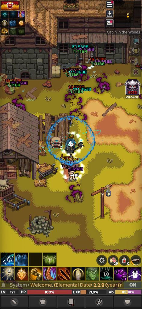 Pixel art character using a Wind Storm skill in a real-time combat scene from Elemental MMORPG